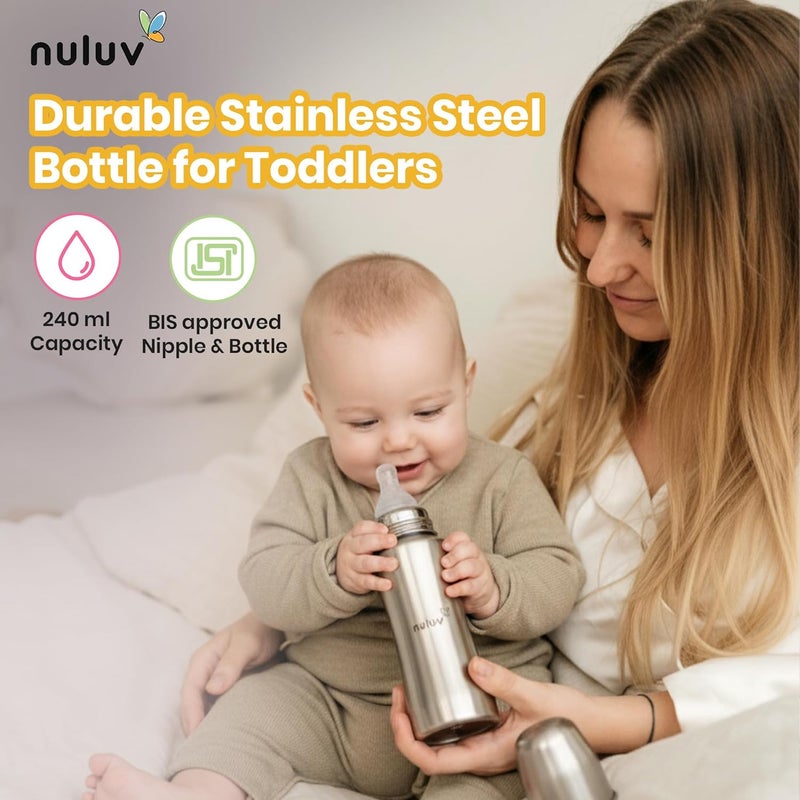 Nuluv Nourish+ Stainless Steel Feeding Bottle with Anti-Colic Silicone Nipple - 240ml - Image 3